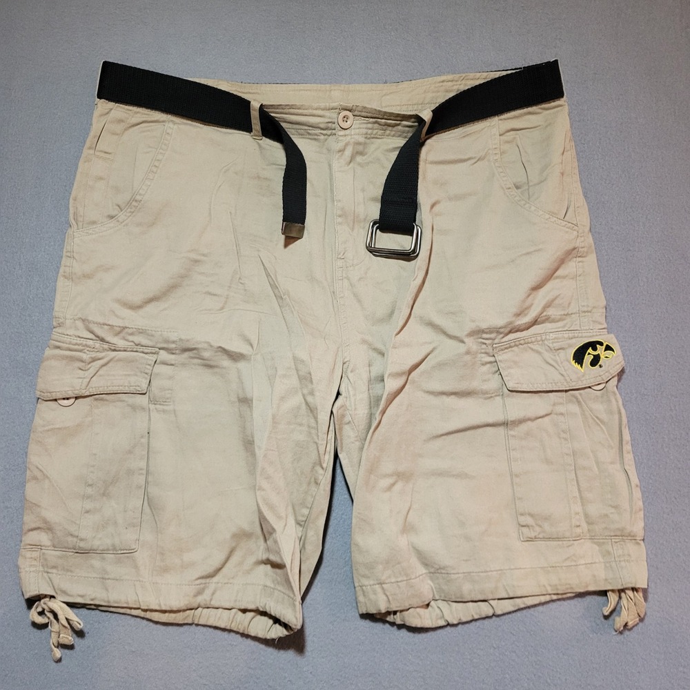 J. America Iowa Hawkeyes Mens XL 38 Cargo Shorts Tan Cotton Web Belt Embroidered